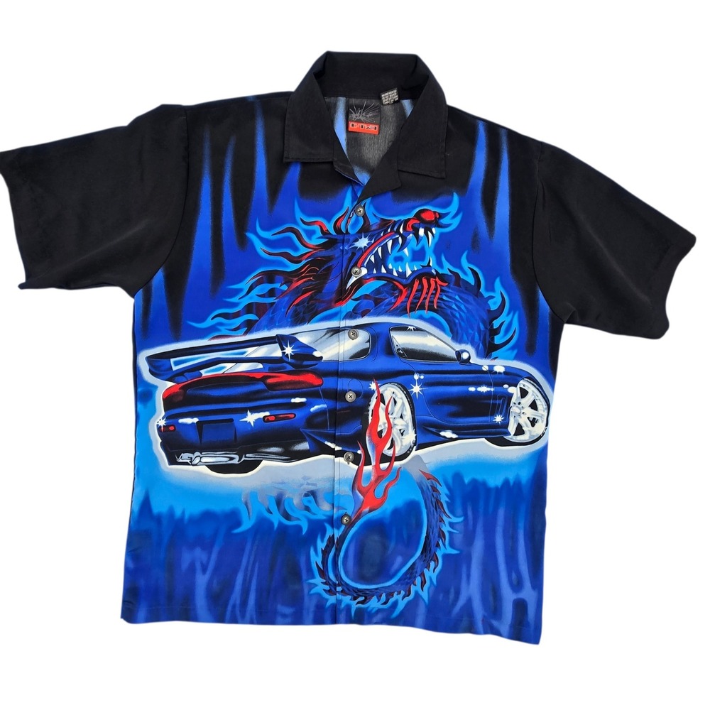 C-TWO Vintage Y2K Mazda RX7 Dragon All Over‎ Print Camp Shirt Blue Flame Men M